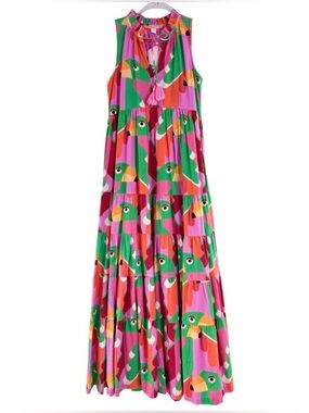 Briton Court Maxi Dress Frenchi Cotton Tiered Parrot Print Pink Green XS NWT